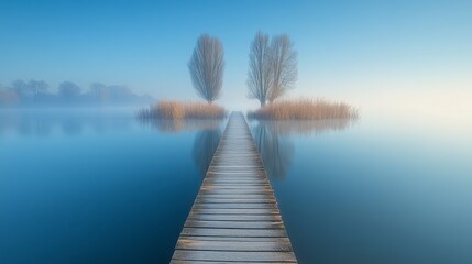 Serene misty lake scene with wooden dock leading to two trees on a small island.