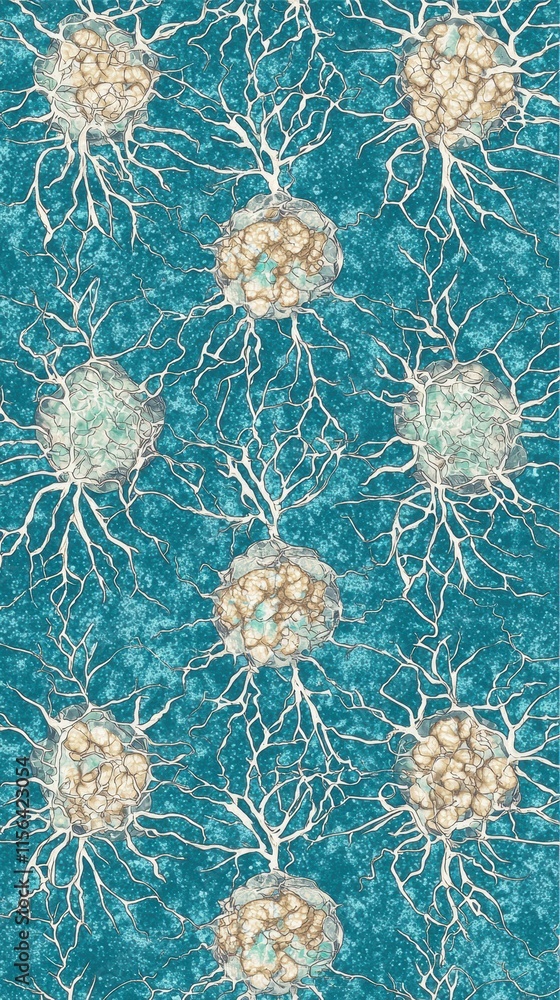 Poster abstract representation of neural cells on blue background design