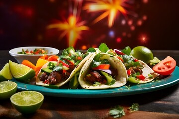 trio of tacos displayed on a plate with a festive background, symbolizing joy, flavor, and shared meals. - Mouth Watering Foods