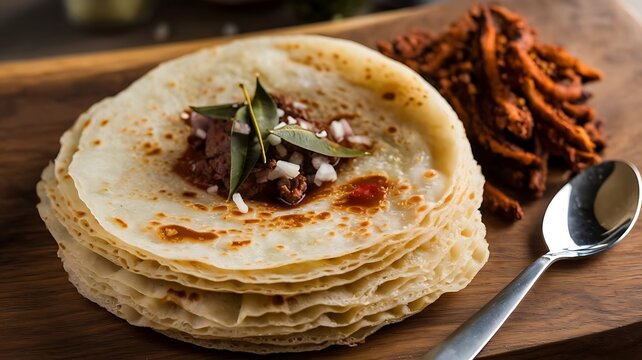 Soft and layered Malabar parotta paired with crispy beef fry, styled with curry leaves and onions on a wooden board