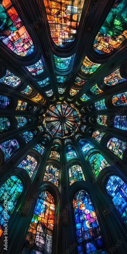 Poster a stained glass window with many different colored pieces of glass. the window is in a building and 