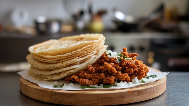 Flaky malabar parotta served with spicy Kerala-style beef fry, garnished with curry leaves and onion rings on rustic wooden plate