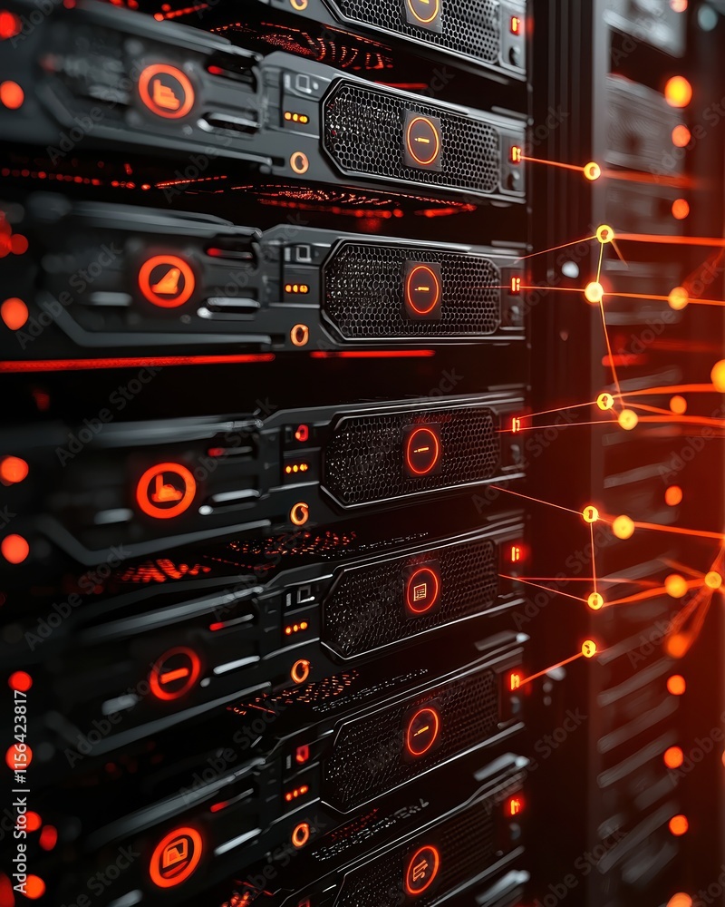 Poster high-tech server rack with illuminated components in data center