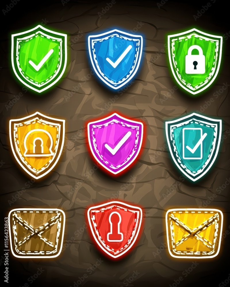 Aufkleber colorful shield icons with check marks and lock symbols on background