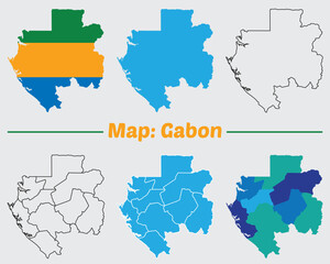 Gabon country map set. internal provinces borders marked, Simple map of Gabon vector drawing, Filled and outline.