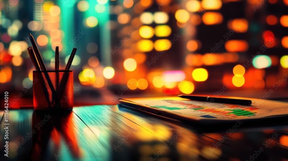 Poster tools and charts on table with city lights in the background