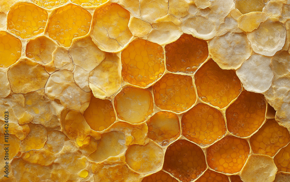 Poster honeycomb pattern close-up- golden hexagonal cells filled with thick, caramel-like liquid honey. hyp