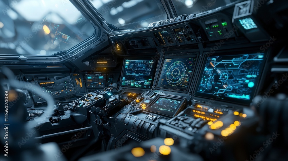 Poster Close-up view of a futuristic spacecraft cockpit advanced technology in a high-tech outer space digital art