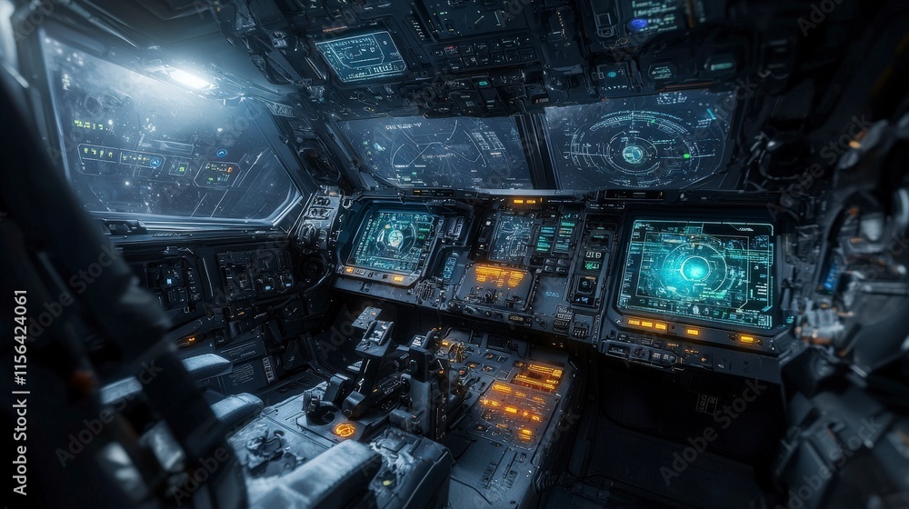 Poster Exploring a spacecraft cockpit futuristic control center outer space digital art high-tech environment detailed perspective