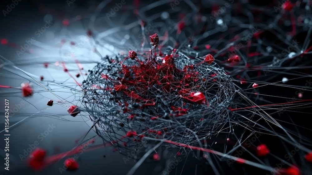 Poster Dynamic geometric shapes transforming in a digital landscape abstract visualization dark environment close-up view