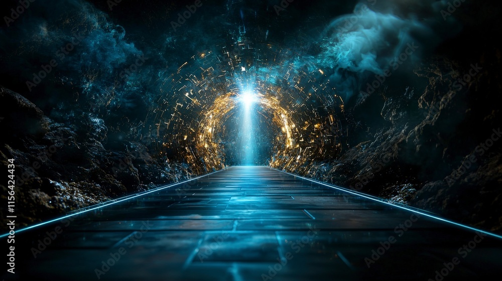 Poster futuristic light pathway leading to mystical portal sci-fi setting digital art enigmatic atmosphere 