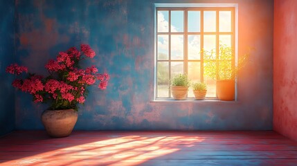 Sunlit Room with Pink Flowers and Plants