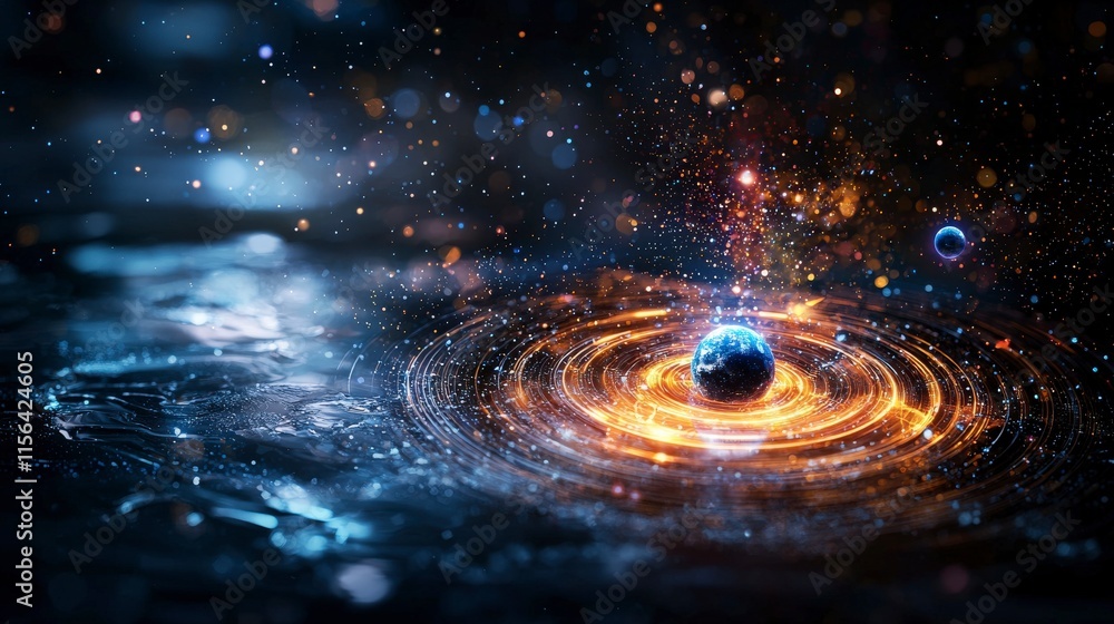 Poster gravity wells and planetary orbs a cosmic dance space digital art universe aesthetic view celestial 