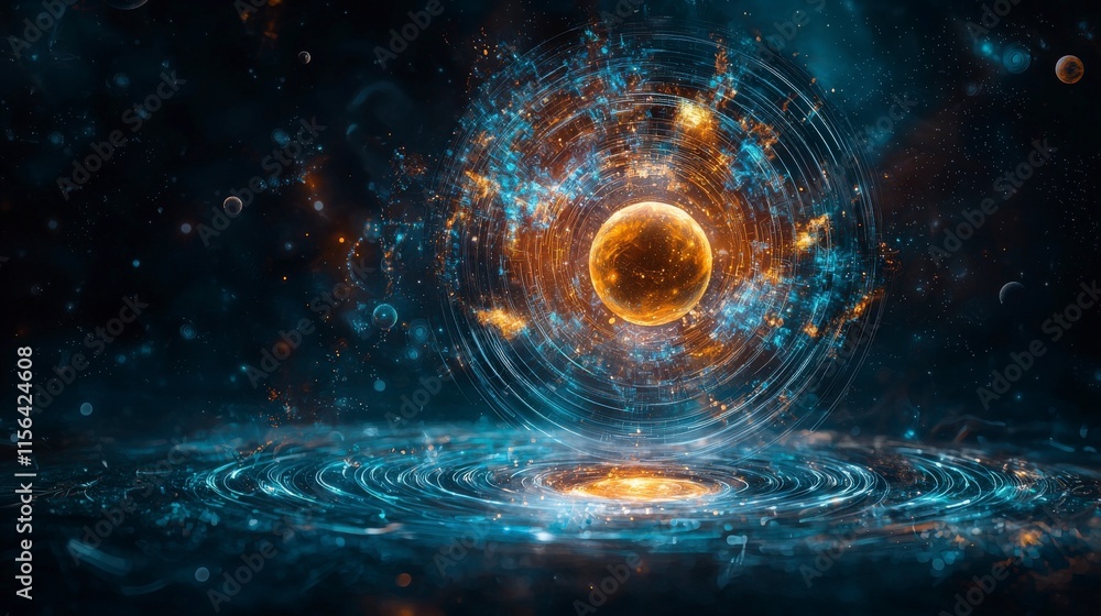 Aufkleber gravity wells and planetary orbs a cosmic event in the universe artistic visualization vibrant space