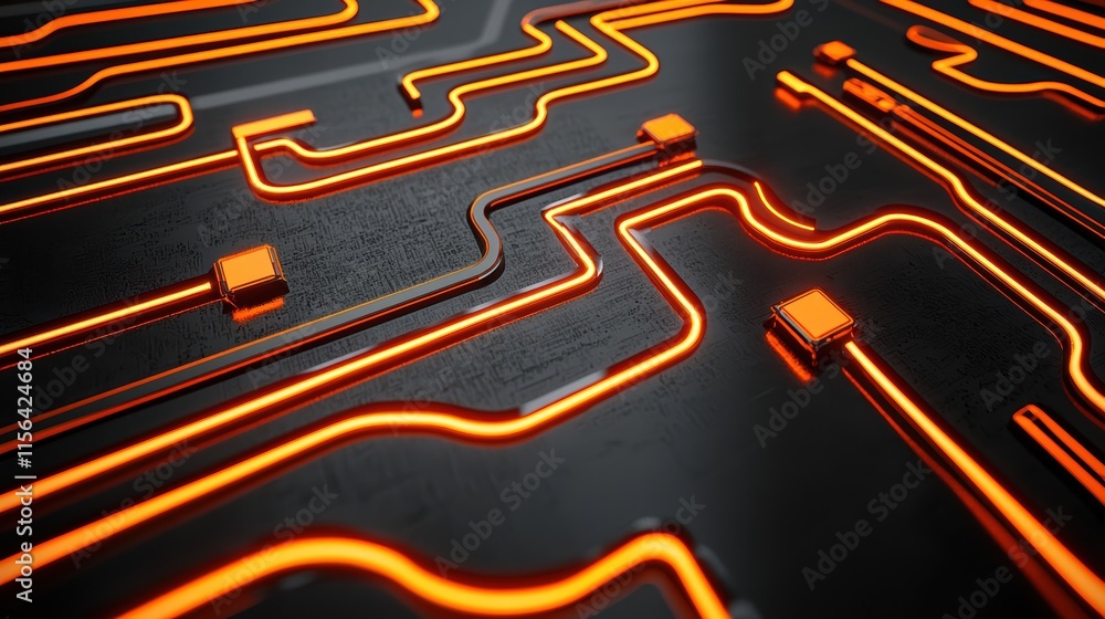 Poster abstract orange circuit pattern on dark background with light glow