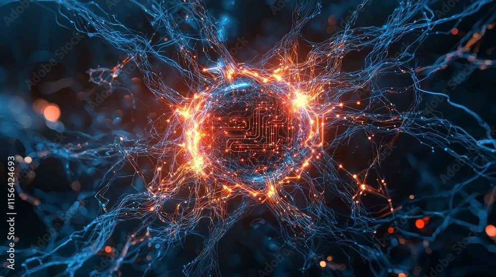 Aufkleber futuristic circuit network formation digital realm abstract art neon glow close-up technology innova