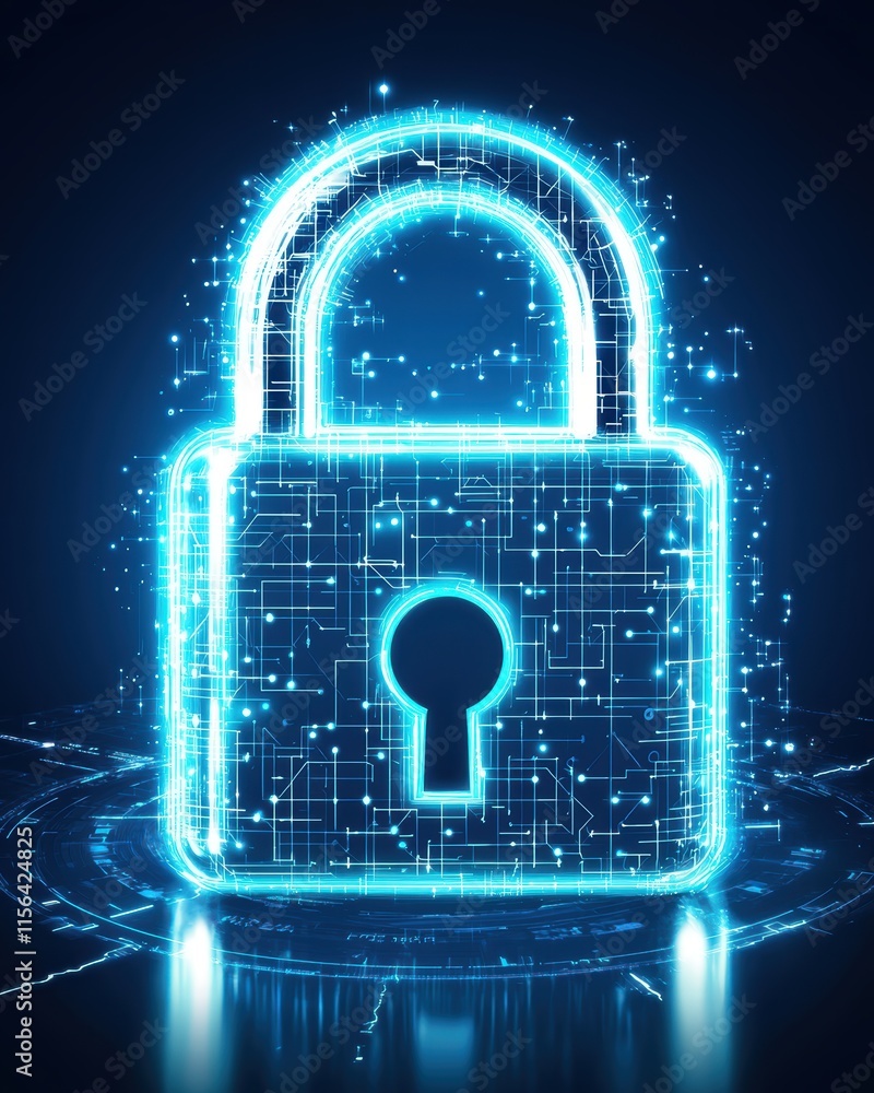 Poster digital padlock with futuristic glowing effects and circuit design