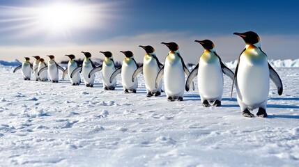 Bright day in antarctica penguins waddling in line across a stunning snowy landscape