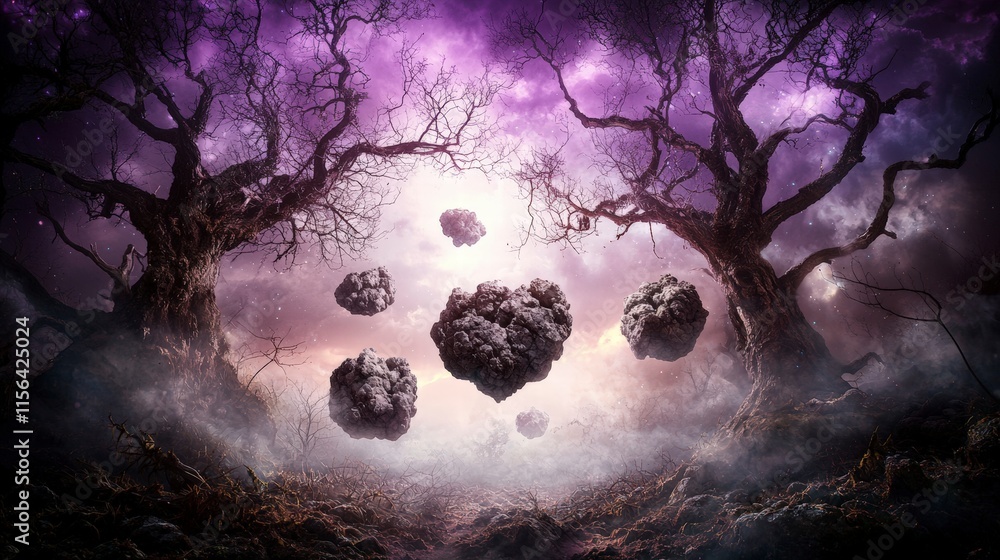 Poster magical forest adventure with floating rocks enchanted realm digital art surreal environment dreamli