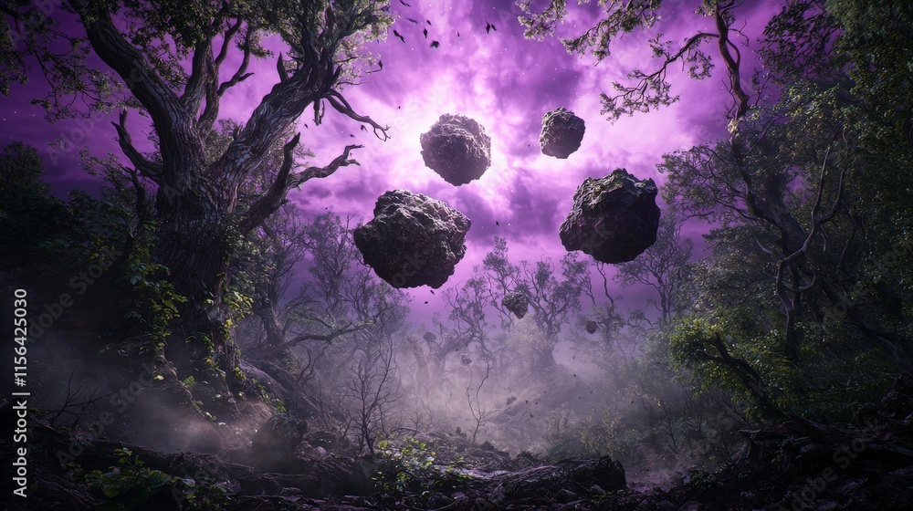 Poster floating rocks and ancient trees in a magical forest fantasy landscape enchanted environment surreal