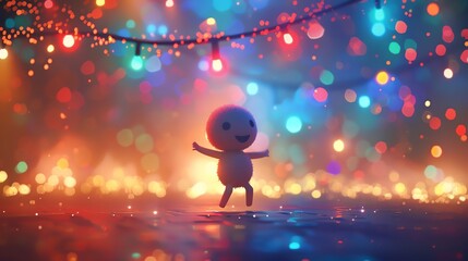 Naklejka premium Joyful character leaps amidst colorful lights.