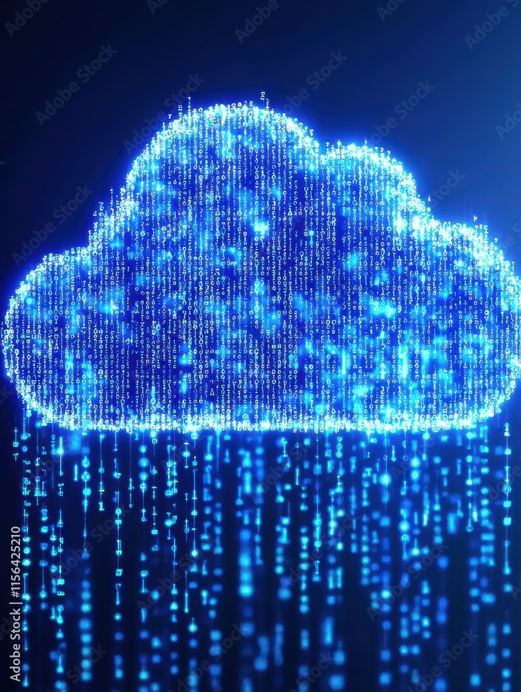 Poster blue cloud with digital rain of data and binary code background
