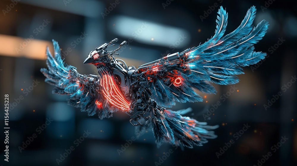 Poster mechanical bird soars in futuristic city stunning artwork sci-fi atmosphere dynamic perspective tech