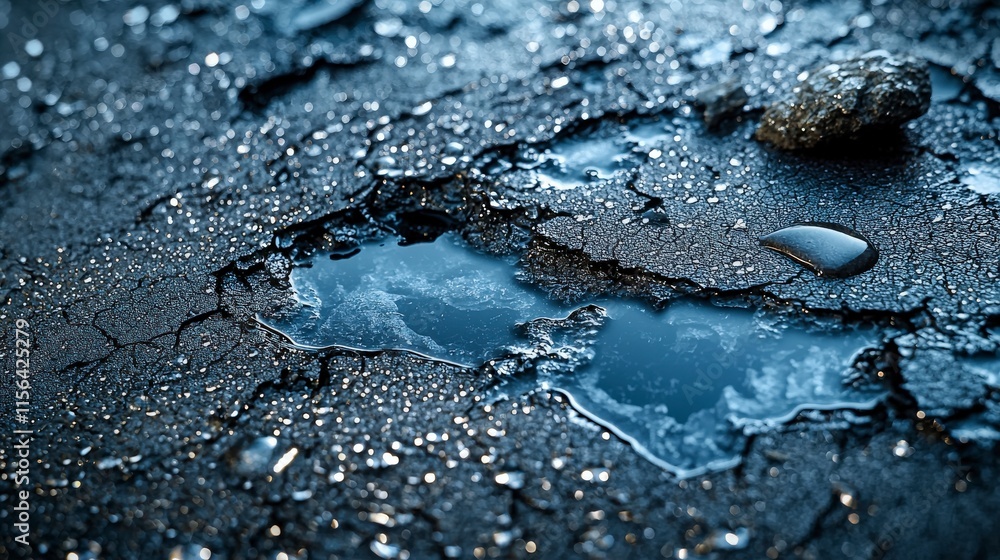 Poster water droplets pooling on metallic surface nature's reflection abstract photography close-up view ur