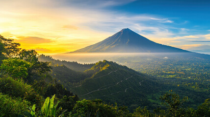 A majestic mountain view bathed in soft sunset lighting, featuring winding hiking trails. Perfect for adventure travel agencies and nature-inspired content showcasing serene landscapes.