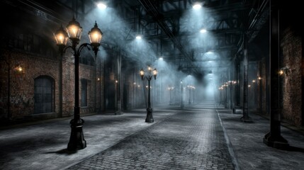 Fototapeta premium Atmospheric Industrial Alleyway Night Brick Metal Fog Lamps 8K