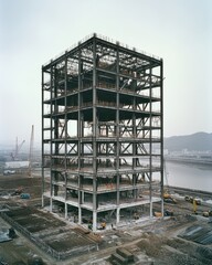 Fototapeta premium Steel Frame Structure Under Construction Near Water