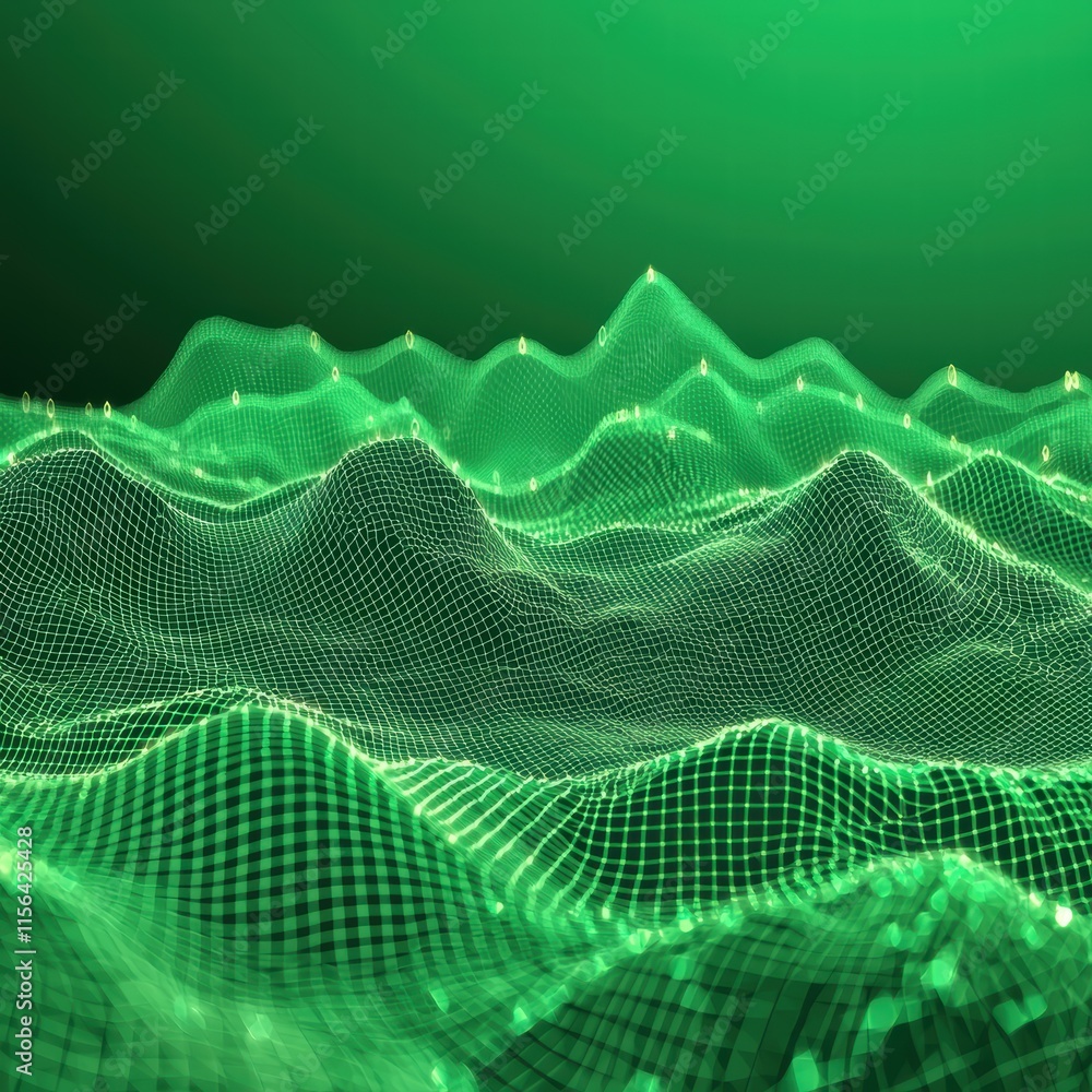 Poster abstract green grid landscape with wavy network design elements