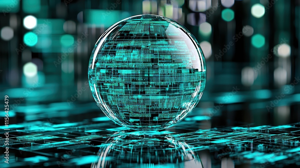 Poster abstract digital sphere with data visualization in teal color