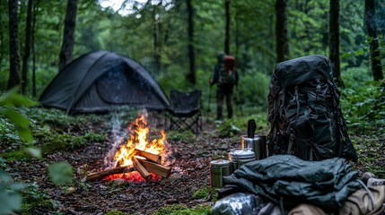 Hiker arranging supplies by campfire in forest camping scene nature tranquil atmosphere evening light