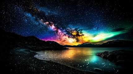 Fototapeta premium Stargazing under colorful auroras by the serene lake night sky photography natural beauty panoramic view
