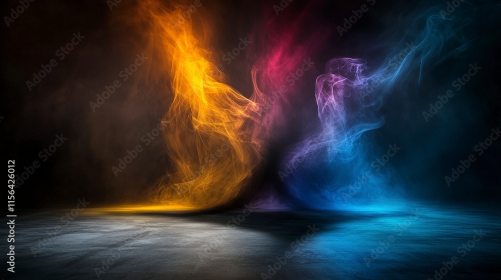 Poster dynamic illumination of shadow forms abstract art vibrant colors studio setting close-up perspective