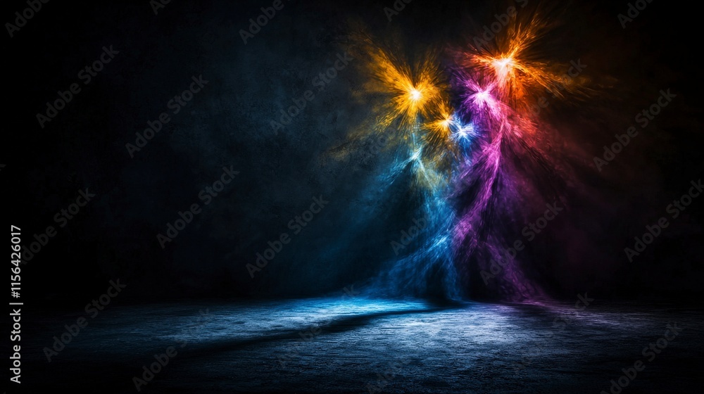 Poster dynamic shadow morphing under colorful light in dark environment abstract art creative visuals artis