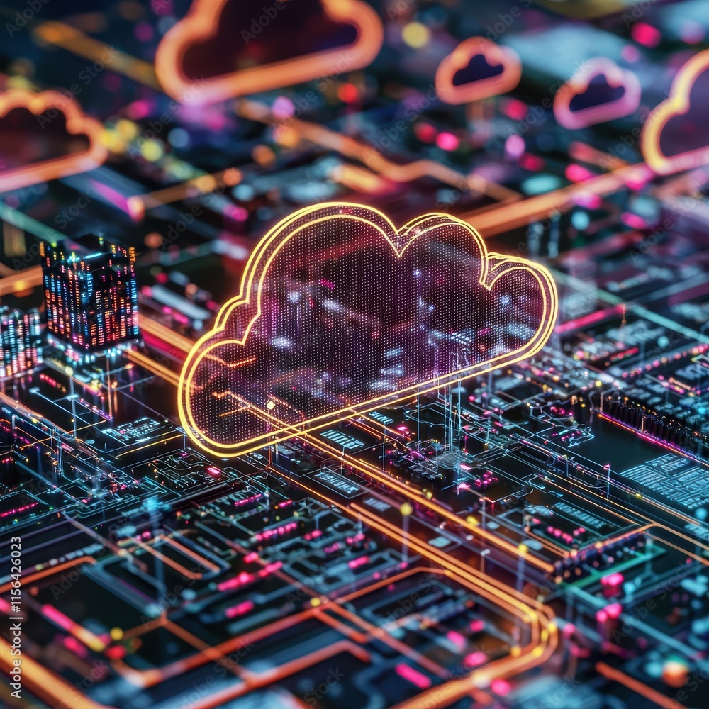 Poster futuristic cloud computing concept with neon circuit patterns