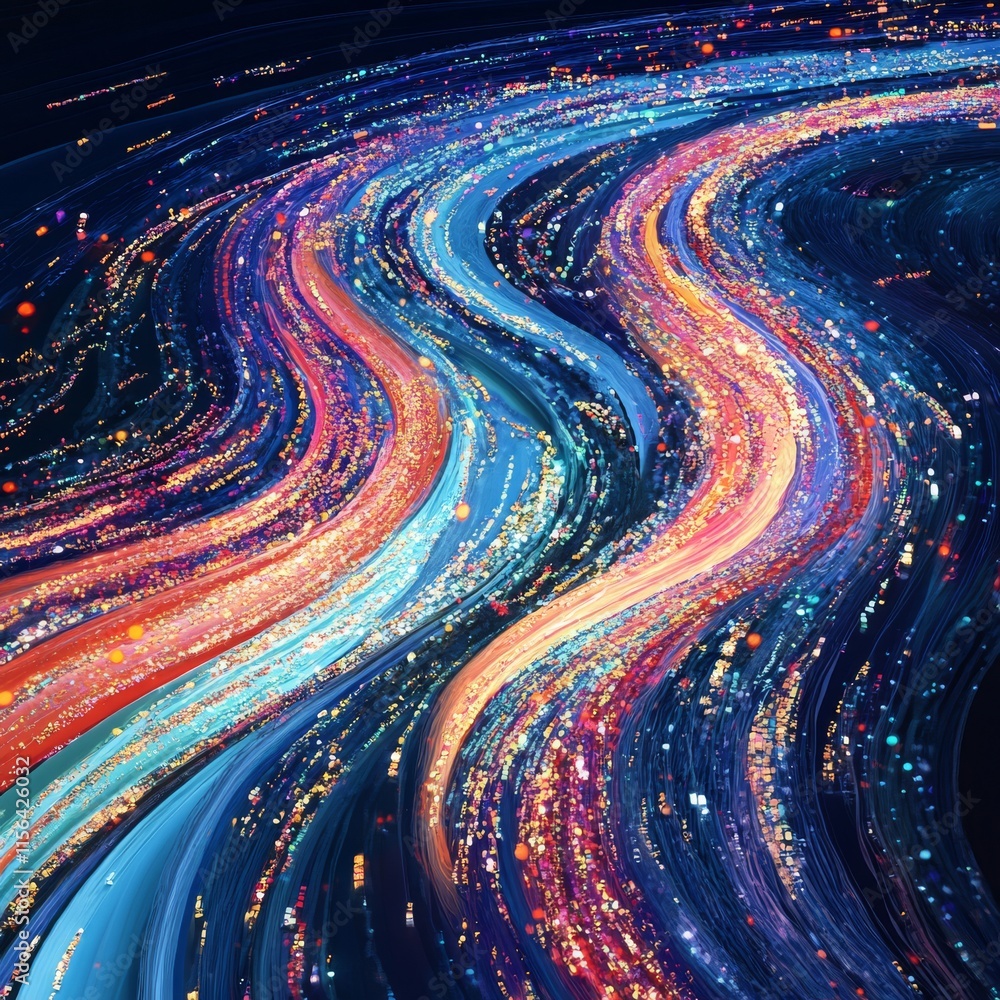 Poster a colorful line of lights with a blue and red stripe. the line is made up of many small dots