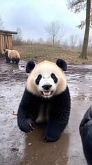 Fototapeta premium Adorable Close-Up Giant Panda Facing fish eye Camera Natural Indoor Playful Expressions Soft Fur for Wildlife Conservation Photography zoo china cute nose meme bear black white wallpaper forest