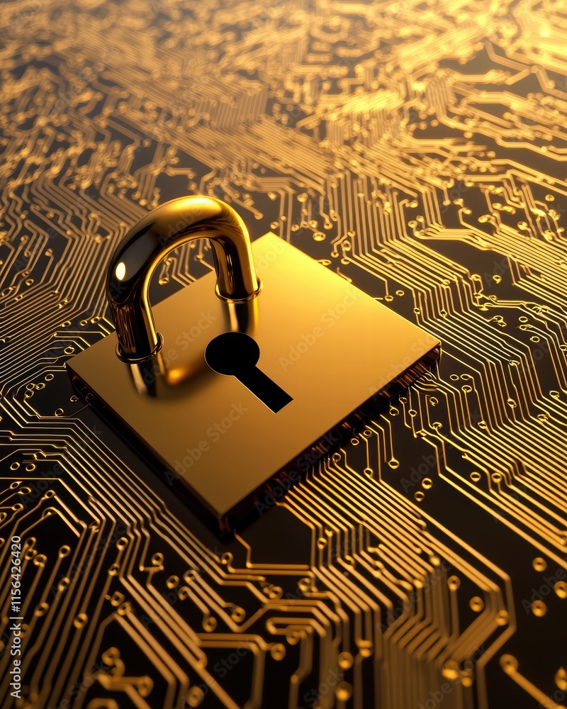 Poster golden padlock on circuit board background representing security