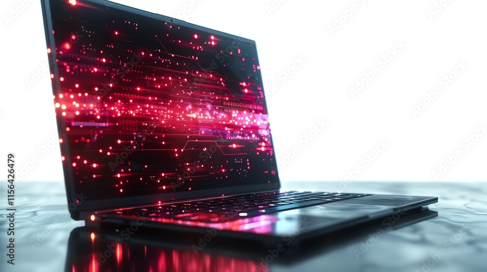 Poster laptop with glowing red digital data on the screen.