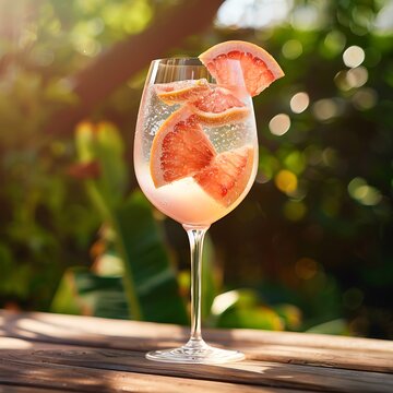 Grapefruit spritzer in a wine glass, pink drink with with grapefruit slices and sparking water, outdoor setting.