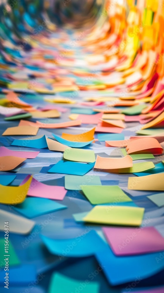 Poster a bunch of colorful paper scraps are scattered on a blue surface. the scraps are of various sizes an