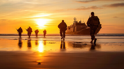 A marine battalion conducting amphibious assault exercises on a beach at dawn, showcasing military precision and teamwork against a backdrop of rising sun and ocean waves.

