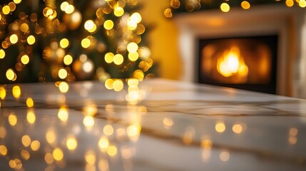 Festive Table Setting With Christmas Lights And Fireplace
