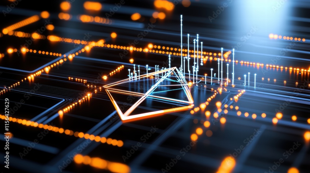 Poster futuristic digital display with geometric shapes and data visualization