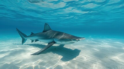 Fototapeta premium A Caribbean reef shark swims gracefully over a sandy ocean floor in crystal-clear turquoise water.