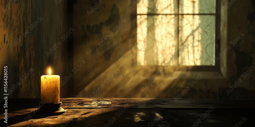 Poster a single candle casts a warm glow in a rustic room as sunlight streams through a window, creating a 