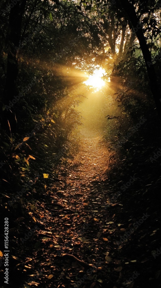 Poster sunlight filters through dense forest foliage, illuminating a tranquil path with a golden glow, crea